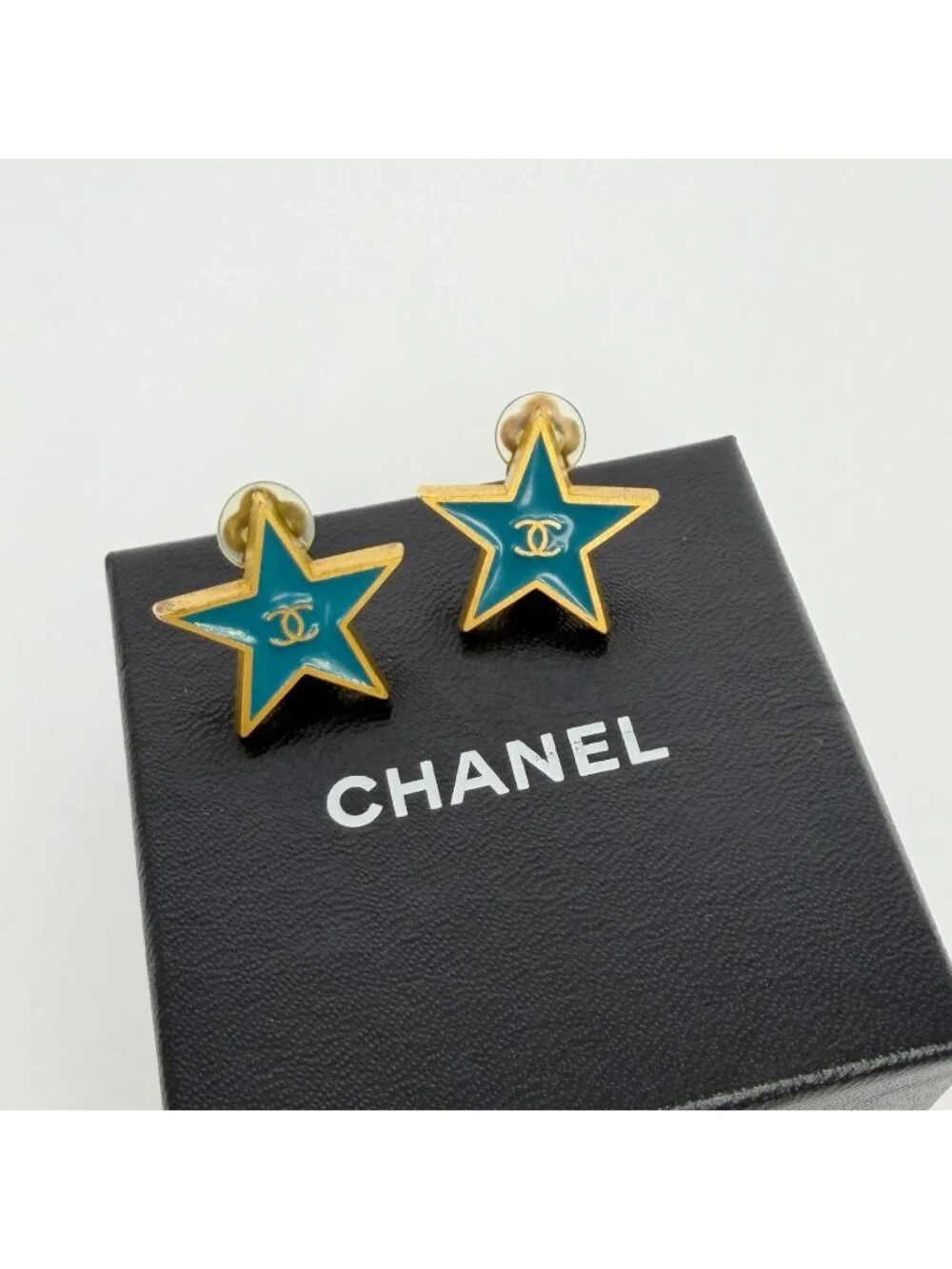 Chanel CC Logo Star Earrings Plated Turquoise Blue Gold Vintage
